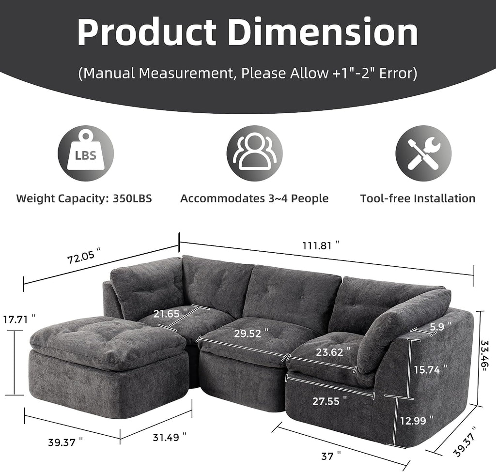 Tufted Cushions Cloud Sectional Boneless Sectional Sofa with Movable Ottoman, 112' Oversized Modular Convertible L Shaped Corner Couch with Deep Seat,Memory Foam Compressed Sofa