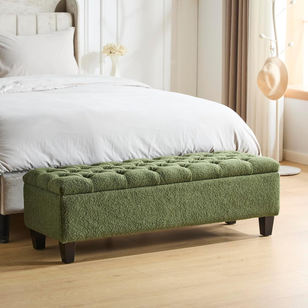 Christopher Knight Home Ottilie Boucle Fabric Storage Ottoman Bench, Wooden Rectangular Ottoman with Storage, Bedroom End of Bed Foot Stool, Entryway Ottoman Footrest, Living Room Extra Seat, Green