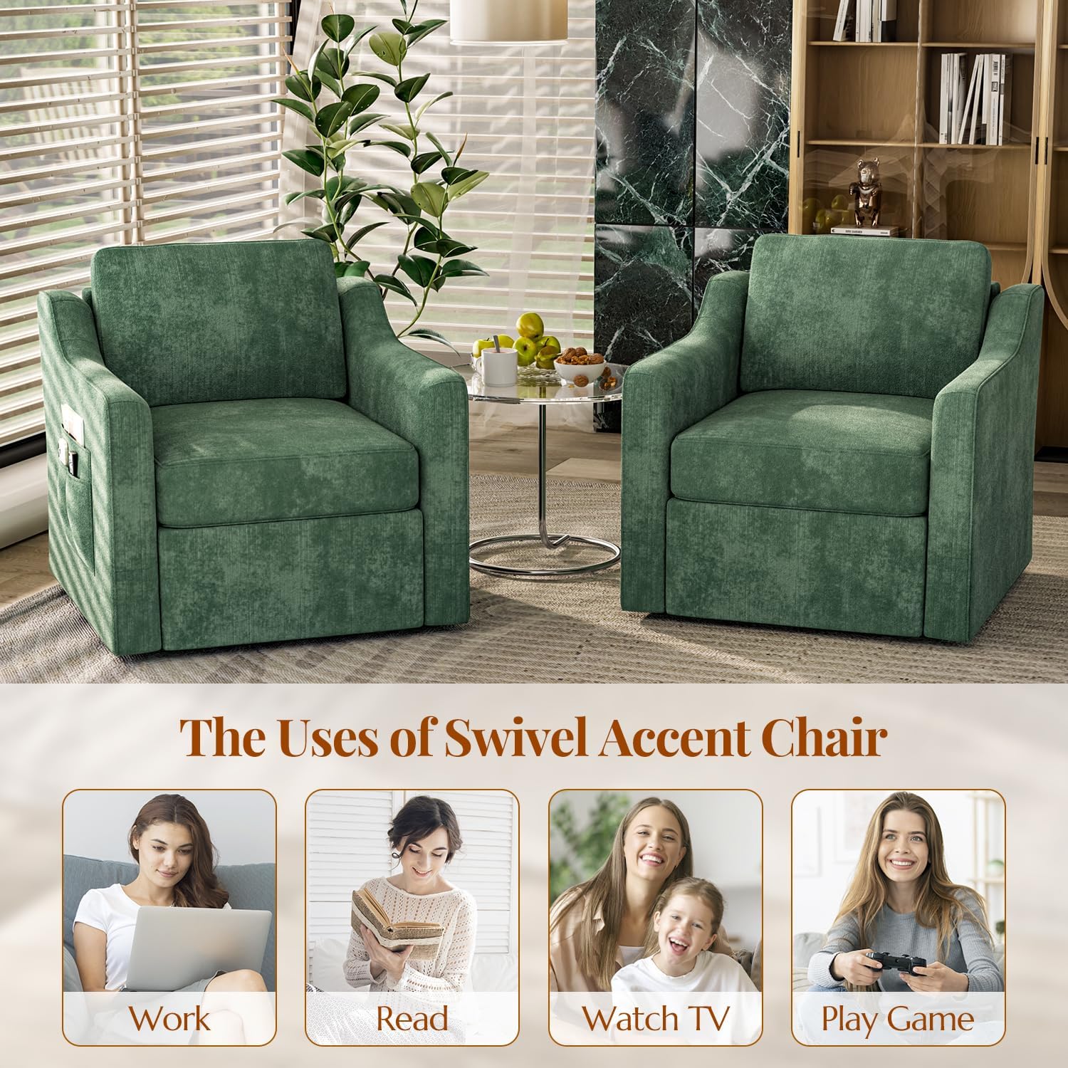360° Swivel Accent Chair, Large Comfy Reading Chair, Square Single-Seat Armchair Upholstered Sofa with Fabric Material for Reading, Nursery, Living Room, Bedroom, Lounge, Hotel, Green