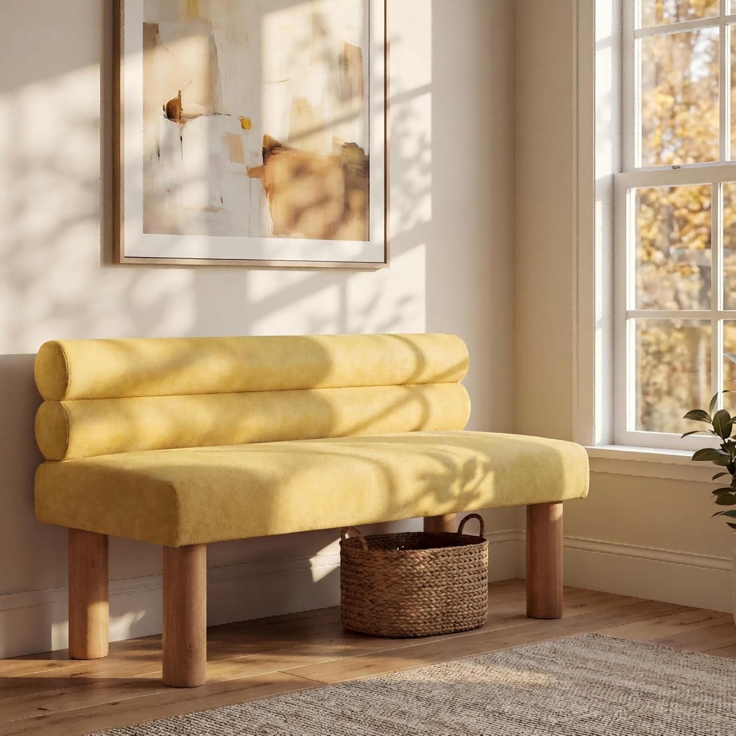 Christopher Knight Home Wally Fabric Upholstered Dining Bench, Long Dining Room Chair, Wooden Entryway Bench, Bedroom End of Bed Bench, Yellow+Natural
