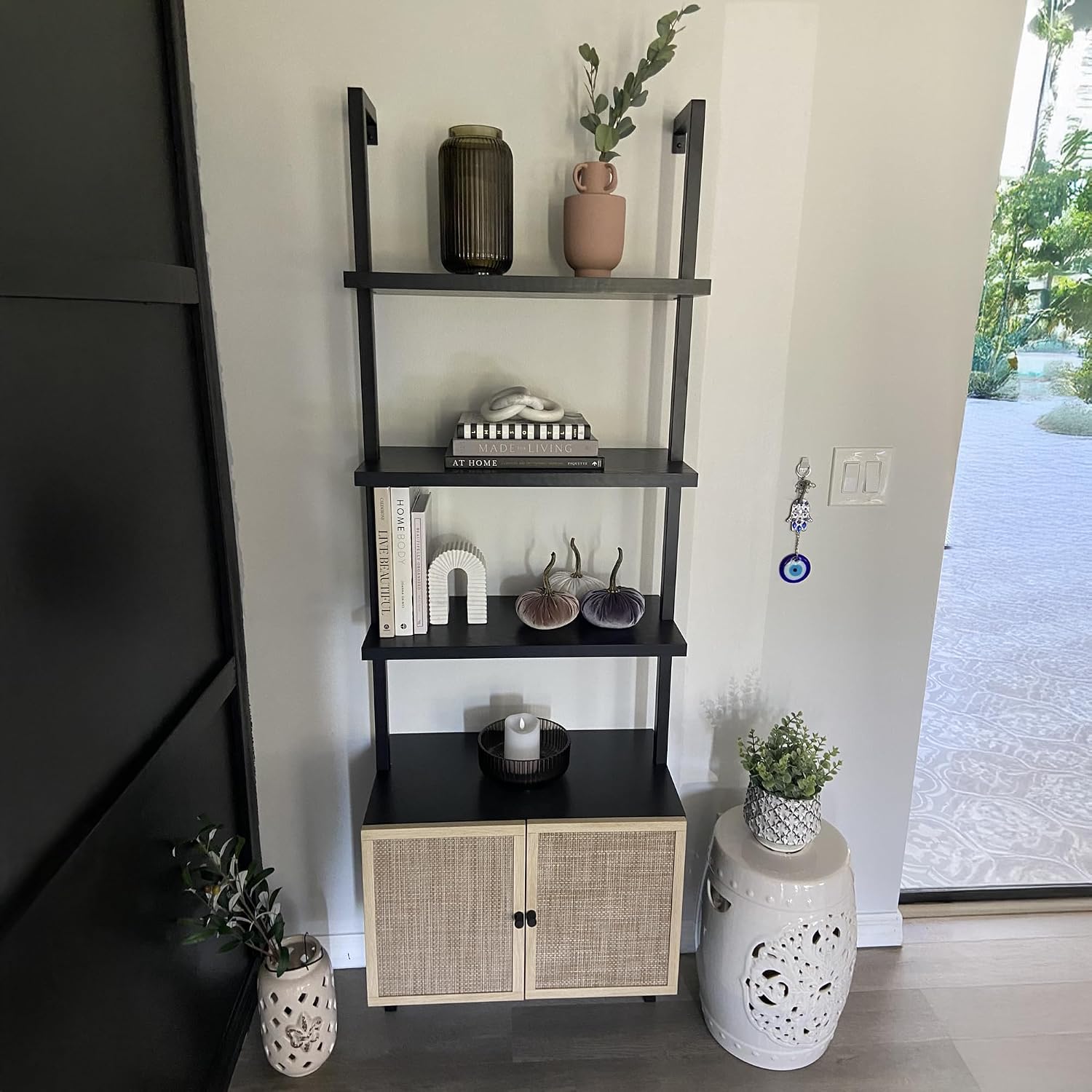 Nathan James Theo Modern Bookcase with Rattan Cabinet in Matte Black and Light Oak Finish with Matte Black Metal Frame for Living Room, Home Office Storage