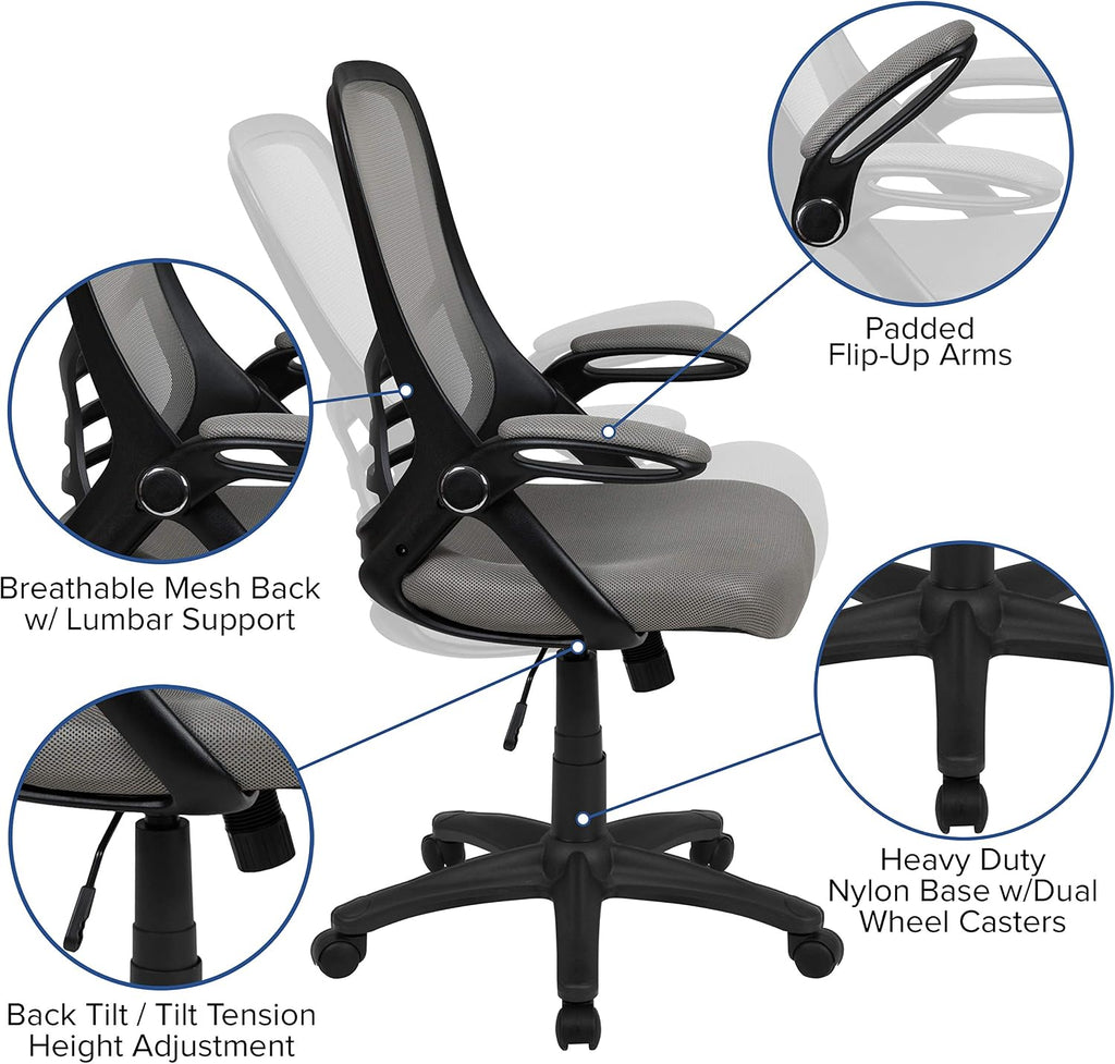 Flash Furniture Porter High-Back Swivel Office Chair with Adjustable Lumbar Support and Seat Height, Ergonomic Mesh Desk Chair with Flip-Up Armrests, Gray/Black
