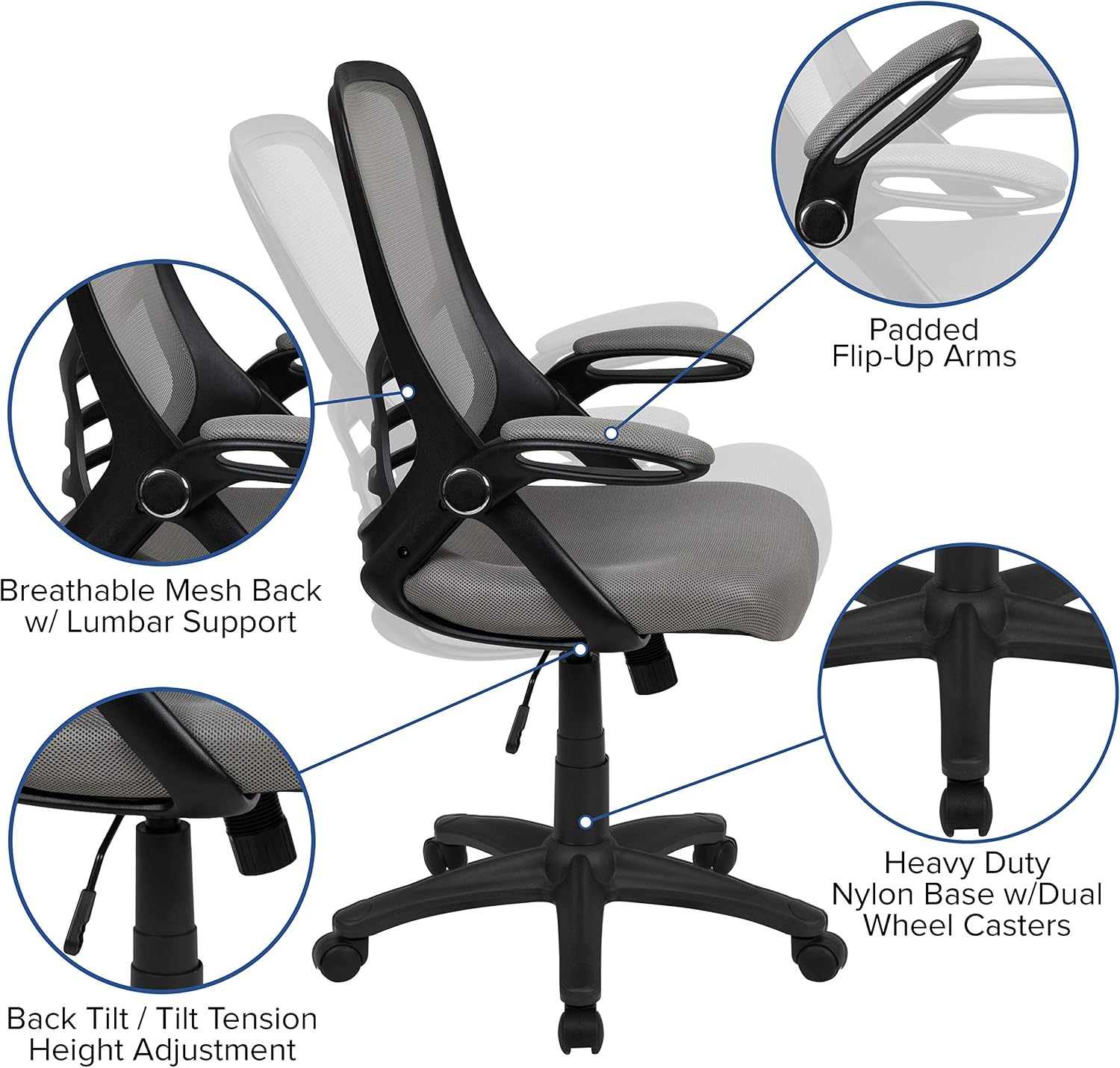 Flash Furniture Porter High-Back Swivel Office Chair with Adjustable Lumbar Support and Seat Height, Ergonomic Mesh Desk Chair with Flip-Up Armrests, Gray/Black