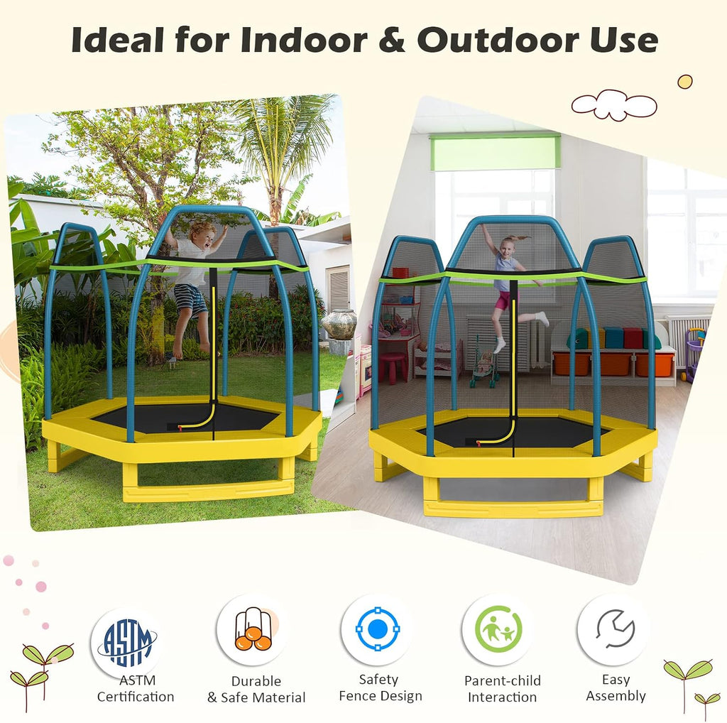 GYMAX Trampoline for Kids, 7FT Toddler Trampoline with Safety Enclosure Net & Seamless Spring Pad, Heavy Duty Small Indoor/Outdoor Trampoline for Boys, Girls Age 3+