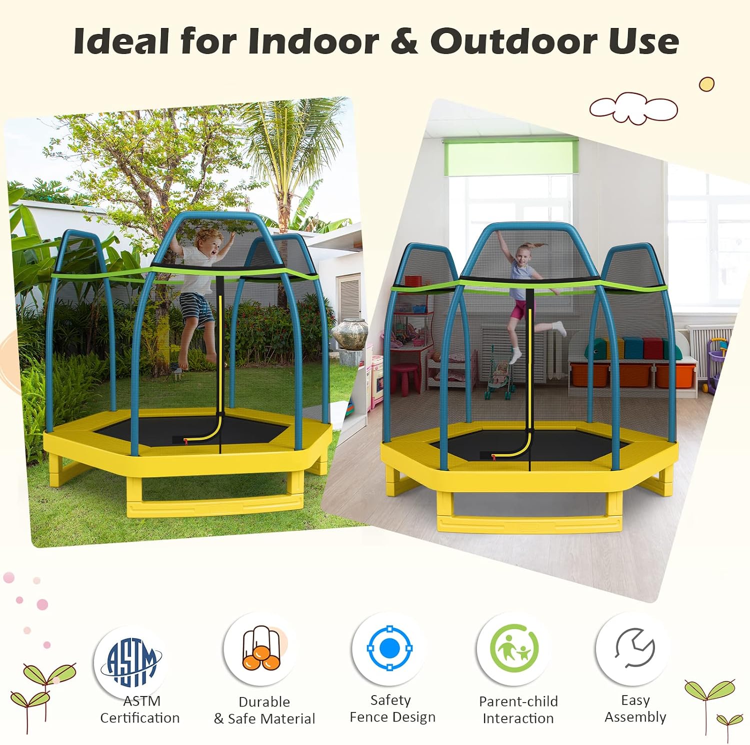 GYMAX Trampoline for Kids, 7FT Toddler Trampoline with Safety Enclosure Net & Seamless Spring Pad, Heavy Duty Small Indoor/Outdoor Trampoline for Boys, Girls Age 3+