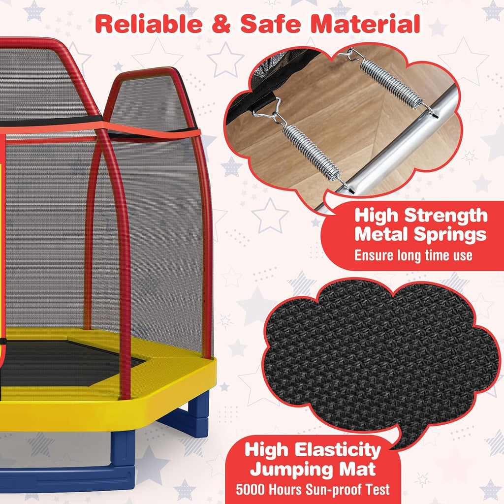 GYMAX Trampoline for Kids, 7FT Toddler Trampoline with Safety Enclosure Net & Seamless Spring Pad, Heavy Duty Small Indoor/Outdoor Trampoline for Boys, Girls Age 3+