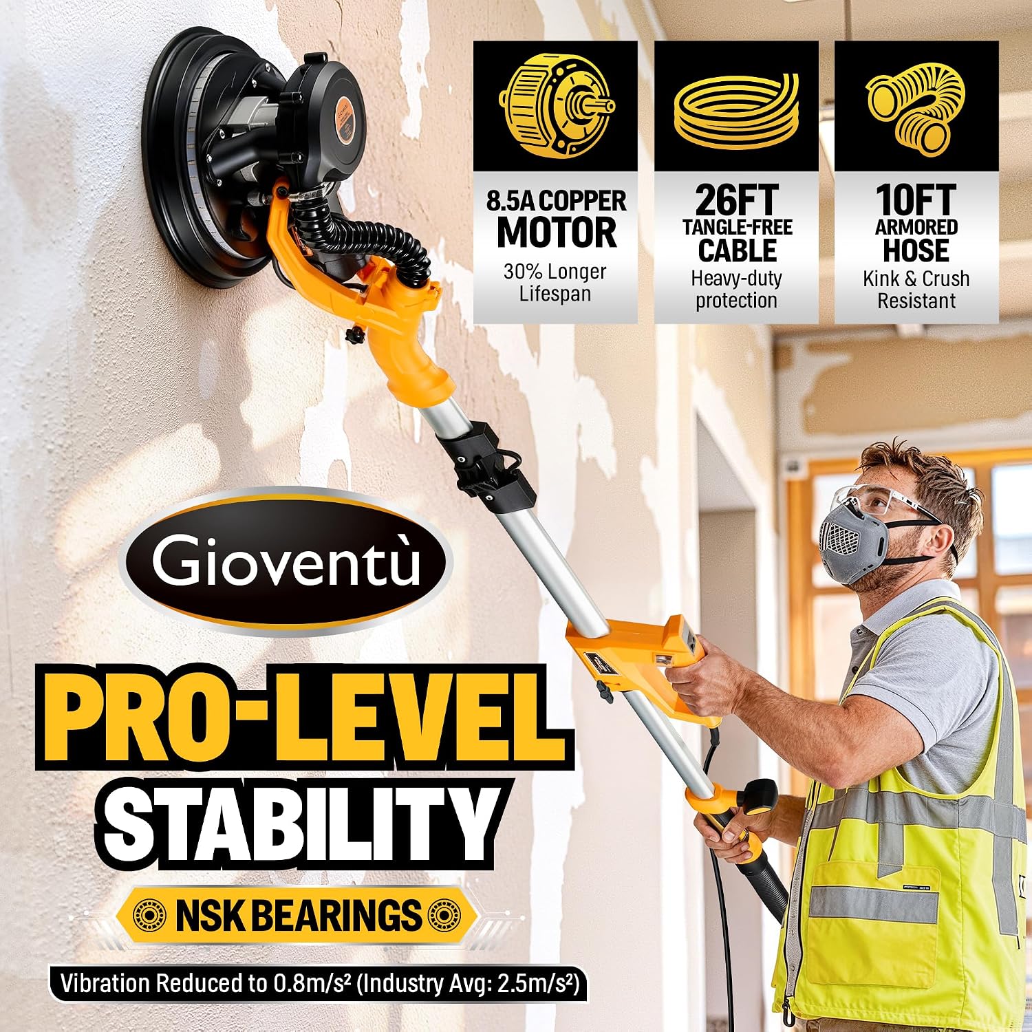 Electric Drywall Sander, 950W Drywall Power Sander with Vacuum Dust Collector, 9 Variable Speed 800-2100RPM, LED Light, Dustless Wall Sander for Drywall, Popcorn Ceiling, Corner etc