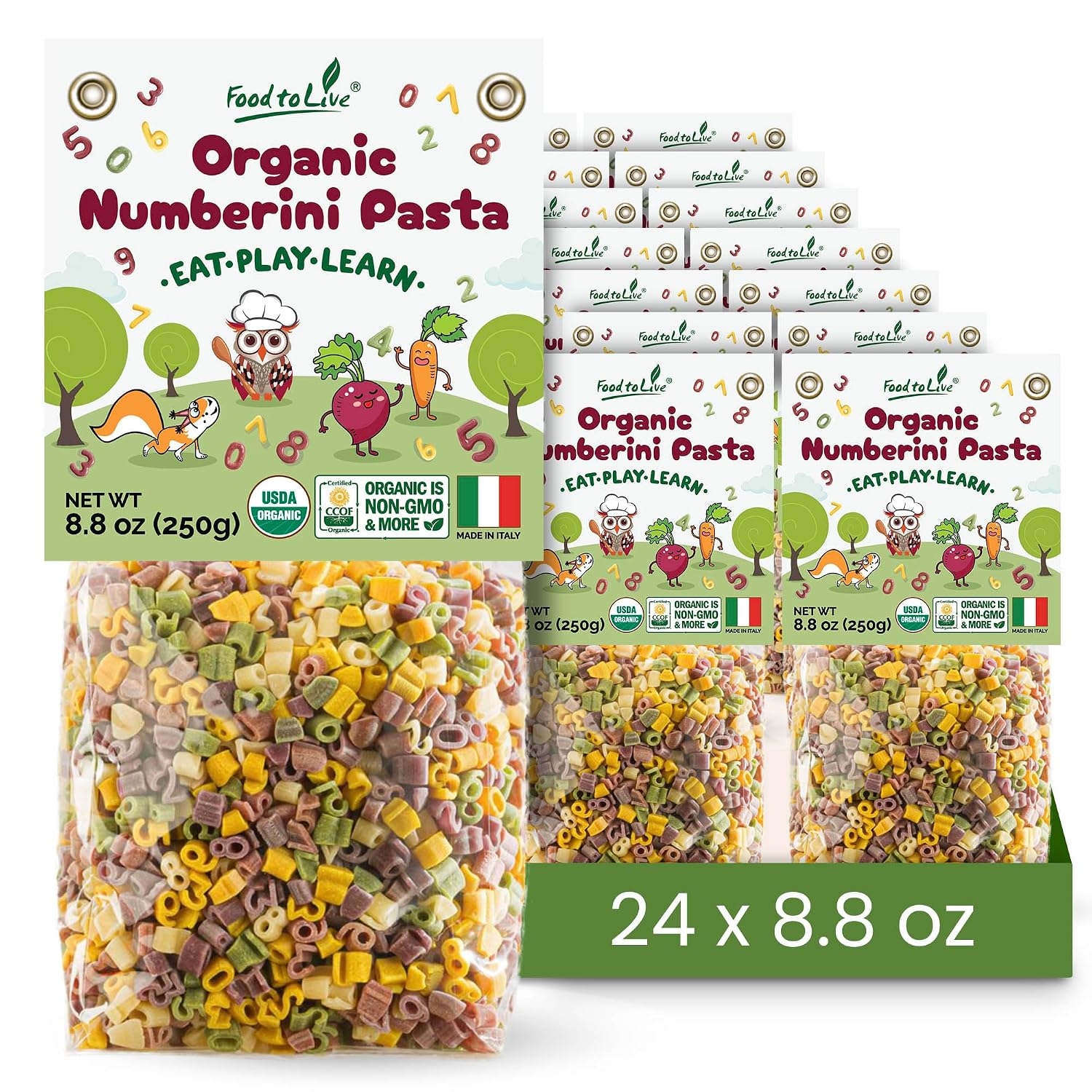 Food to Live Organic Numberini Pasta - Eat. Play. Learn, 8.8 oz (Pack of 24) – Multicolor Italian Fun Kid's Pasta, Made with Roots and Vegetables, Non-GMO, Bulk
