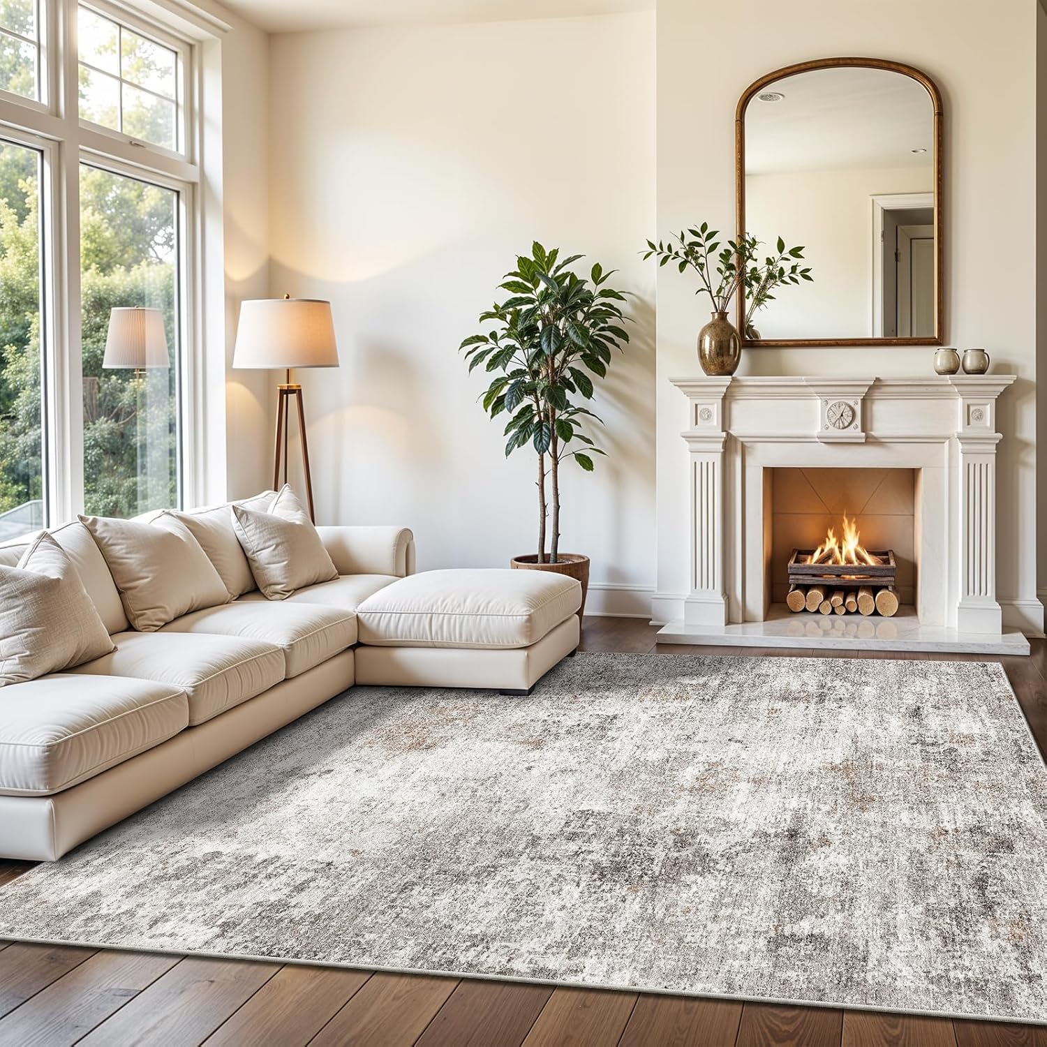 10x14 Area Rug Living Room – Washable Large Neutral Modern Abstract Soft Low Pile Non-Slip Thin Carpet for Bedroom, Dining Room, Home Office (Beige, Grey)