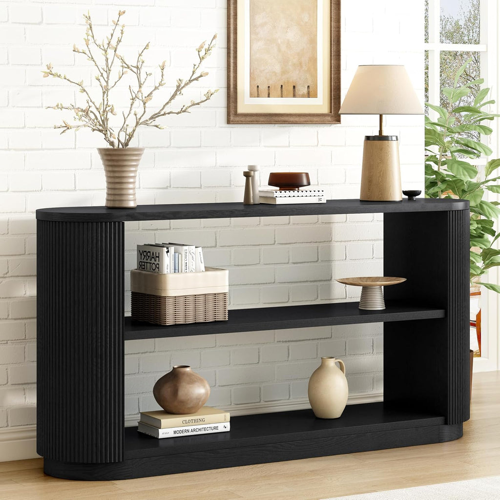 Merax Modern Entryway Console Table with Triple-Tier Storage, Slim Sofa Table with Open Shelf & Elegant Wood Grain, Multi-Functional Hallway Table for Living Room, Black