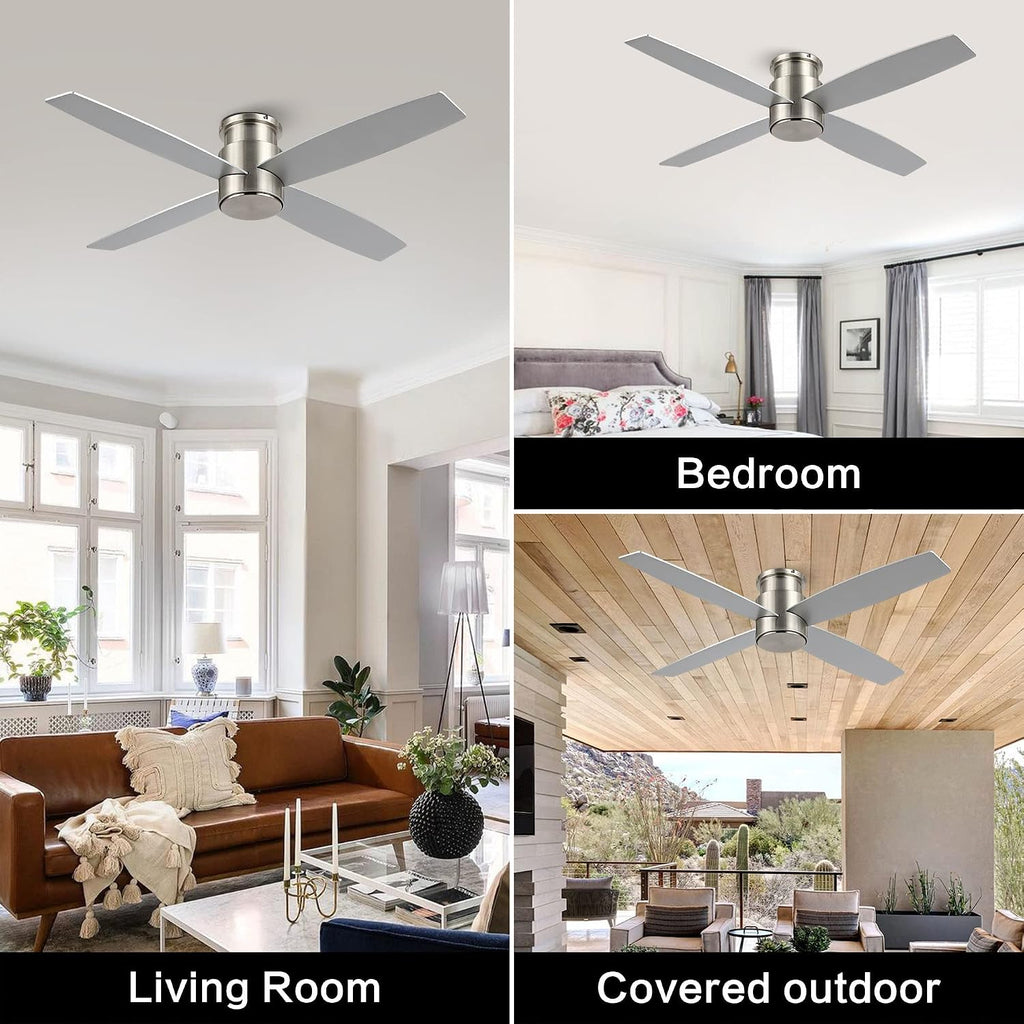 WINGBO 52' Flush Mount DC Ceiling Fan without Lights, 4 Reversible Blades, Ultra Quiet 6-Speed DC Motor, Hugger Low Profile Indoor Ceiling Fan No Lights, Brushed Nickel Finish