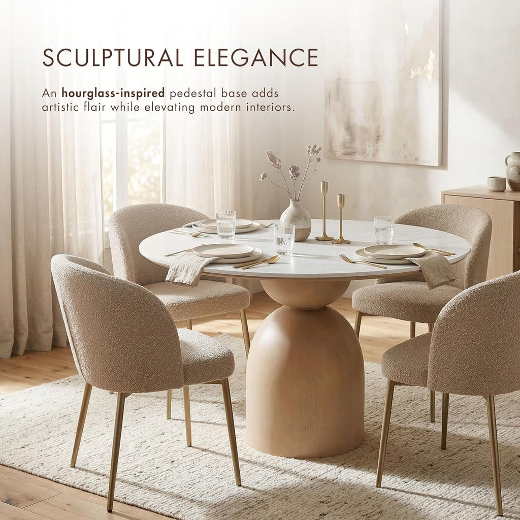 Furniture of America Sonya Modern Round Dining Table with Drum Base and Faux Marble Stone Top, Easy Assembly for Home, Kitchen and Living Room, Natural