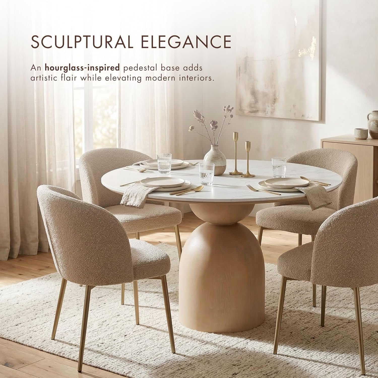 Furniture of America Sonya Modern Round Dining Table with Drum Base and Faux Marble Stone Top, Easy Assembly for Home, Kitchen and Living Room, Natural