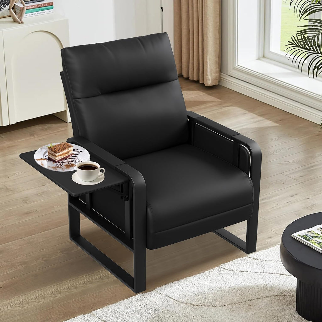 Modern Black Accent Chair PU Leather Upholstered Armchair with Foldable Side Table for Bedroom Living Room Chairs Office Chair