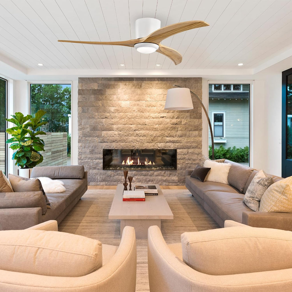 52'' Modern Dimmable Fandelier with Light and Remote, Low Profile Flush Mount Ceiling Fan Wooden Chandelier Fan Reversible DC Motor Ceiling Fans for Bedroom Living Room (White)