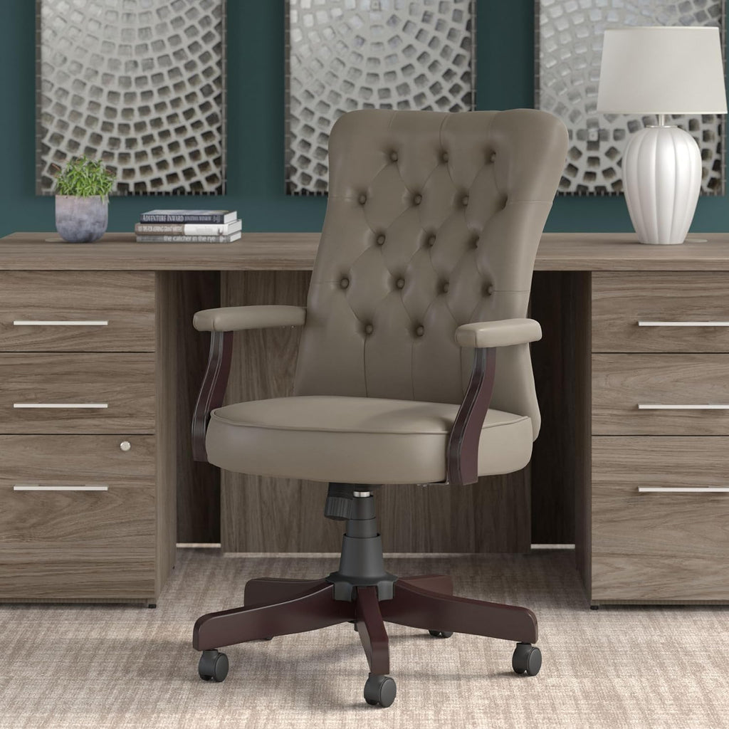 Bush Home Mayfield High Back Tufted Office Chair with Arms in Washed Gray Leather