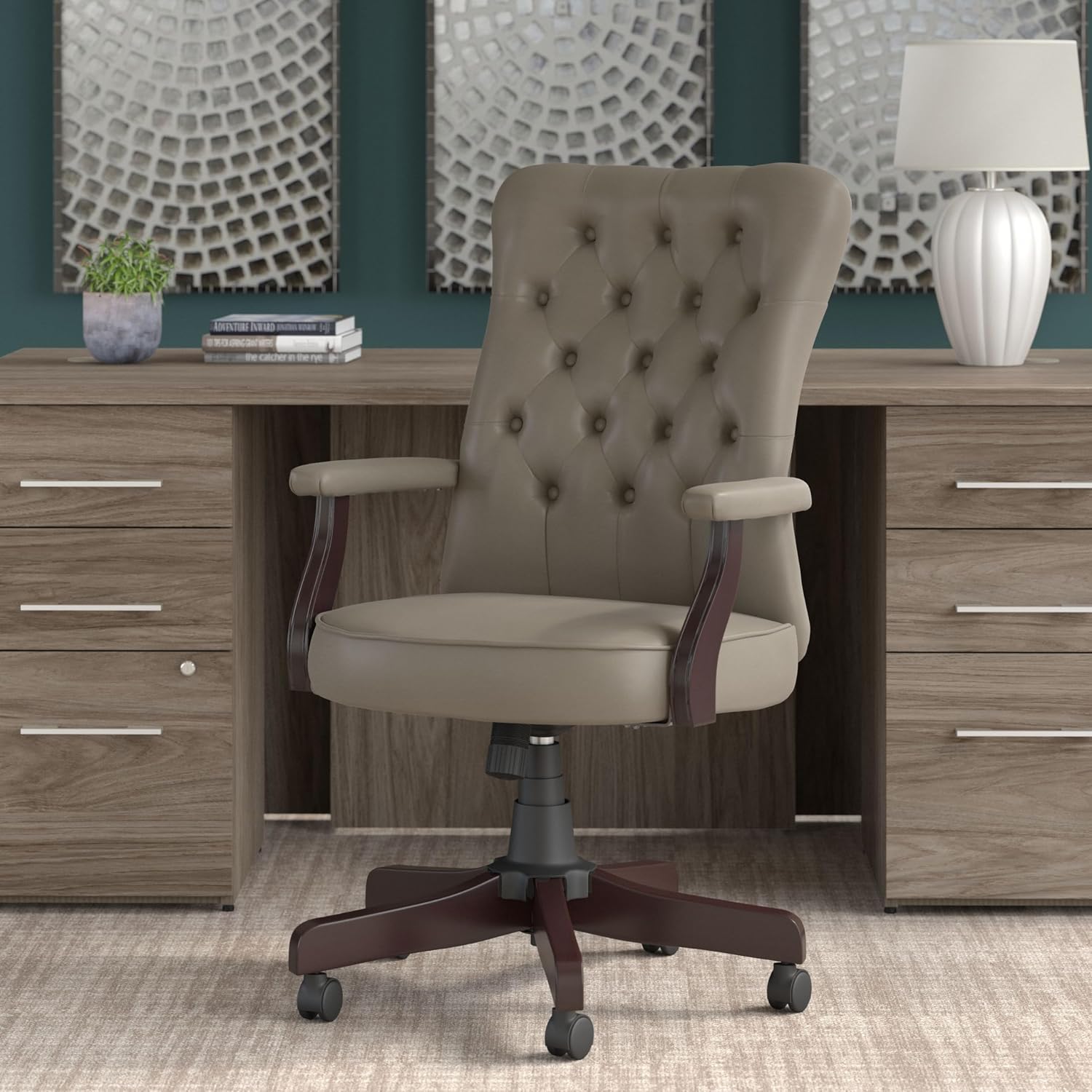 Bush Home Mayfield High Back Tufted Office Chair with Arms in Washed Gray Leather