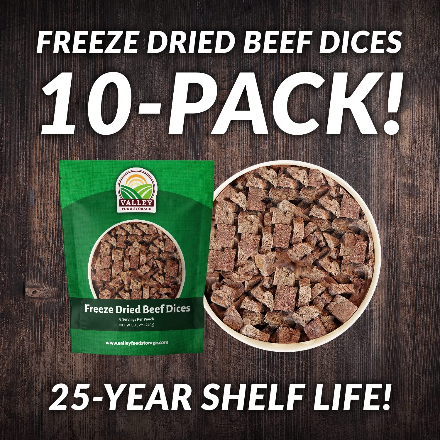 Freeze Dried Beef Dices 10-Bag Bucket, 85 Oz | Premium Emergency Food Supply 25 Year Shelf Life | Prepper Supplies, Survival Food, Off Grid Living Supplies | Valley Food Storage Packaged in USA