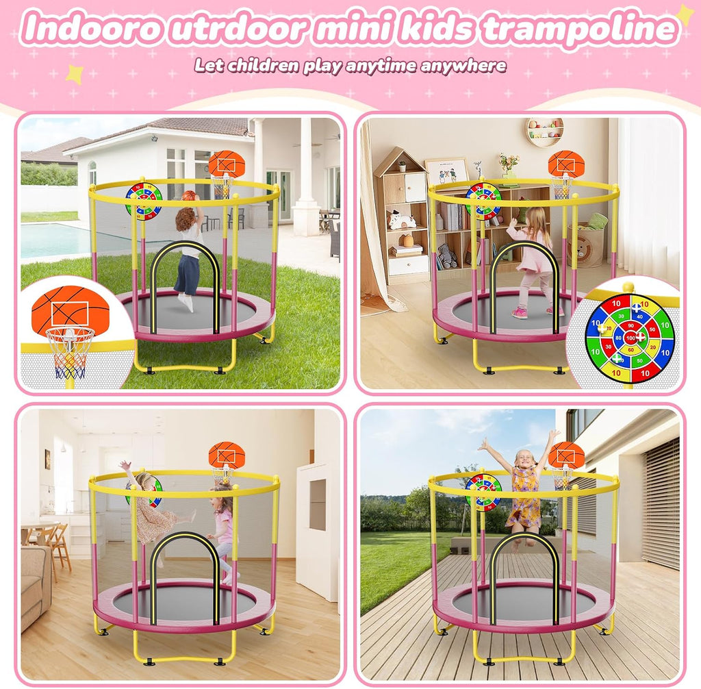 6FT Indoor Trampoline for Kids Ages 1-8, 72' Mini Toddler Indoor & Outdoor Trampoline with Safety Enclosure Net, Basketball Hoop & Dart Board, Birthday Gifts for Boys & Girls, Baby Toddler