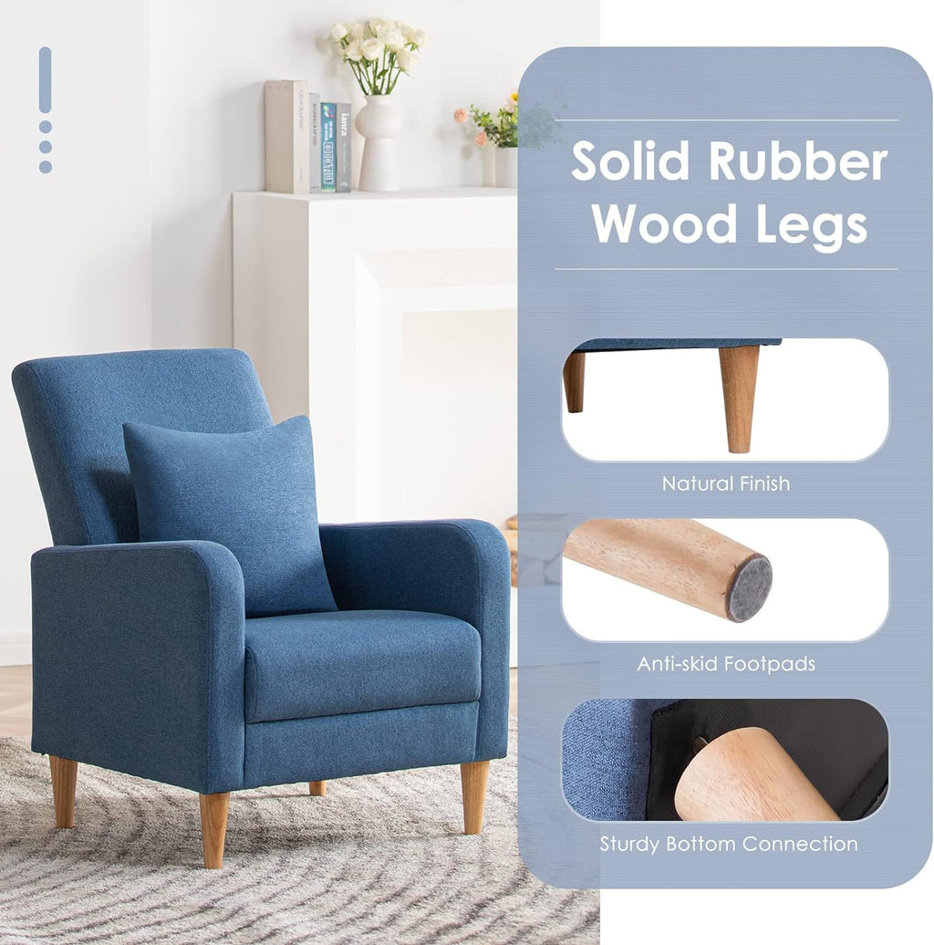 COLAMY Modern Upholstered Accent Chair Armchair with Pillow, Fabric Reading Living Room Side Chair,Single Sofa with Lounge Seat and Wood Legs, Blue