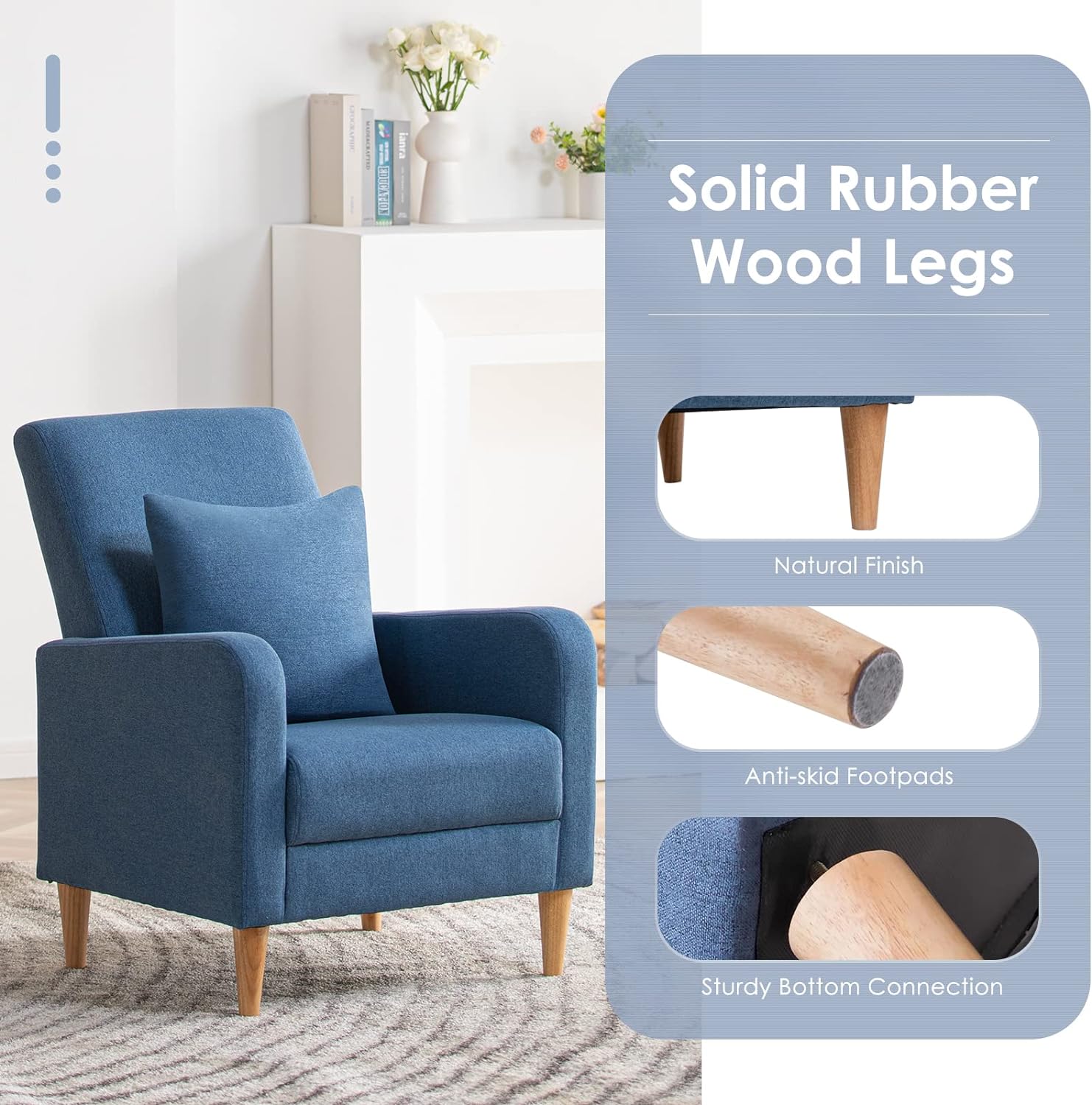COLAMY Modern Upholstered Accent Chair Armchair with Pillow, Fabric Reading Living Room Side Chair,Single Sofa with Lounge Seat and Wood Legs, Blue
