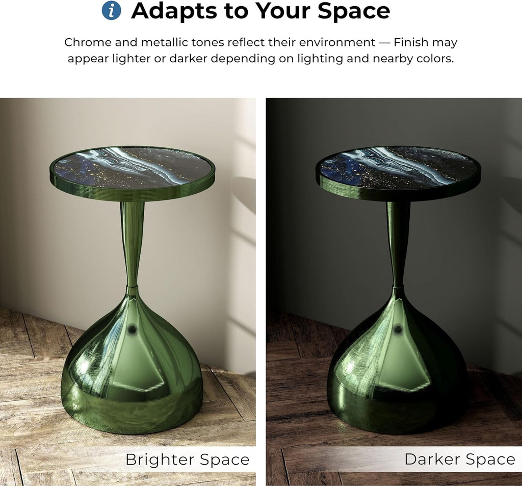 Homes: Inside + Out Halric Modern 24' Tall Round End Table with Decorated Tabletop and Iron Metal Base, Accent Furniture, Elegant Pedestal Stand for Living Room, Home Office, Chrome Green