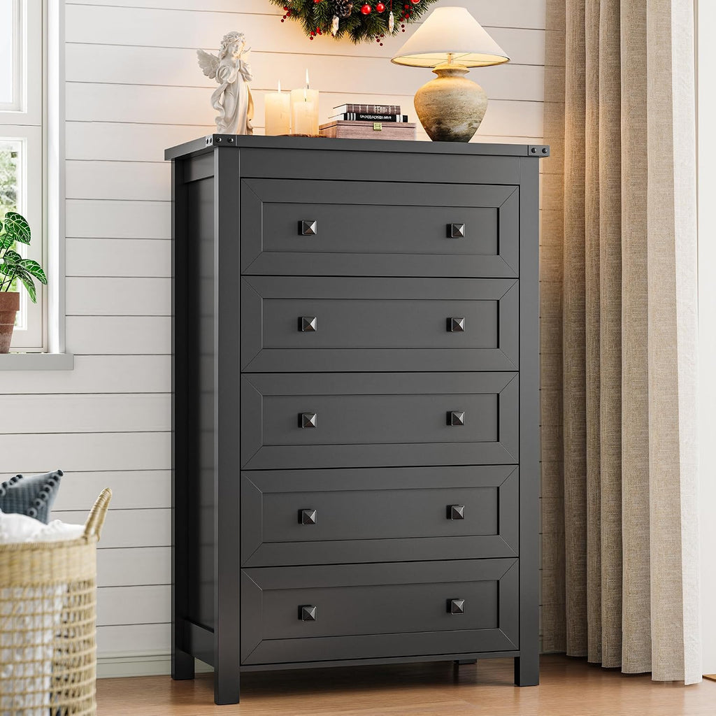 Xixini Dresser for Bedroom with 5 Drawers, Tall Wood Chest of Drawers, Modern Farmhouse Closet Clothes Organizer, Storage Tower Cabinet with Metal Handles for Hallway, Living Room, Entryway, Black