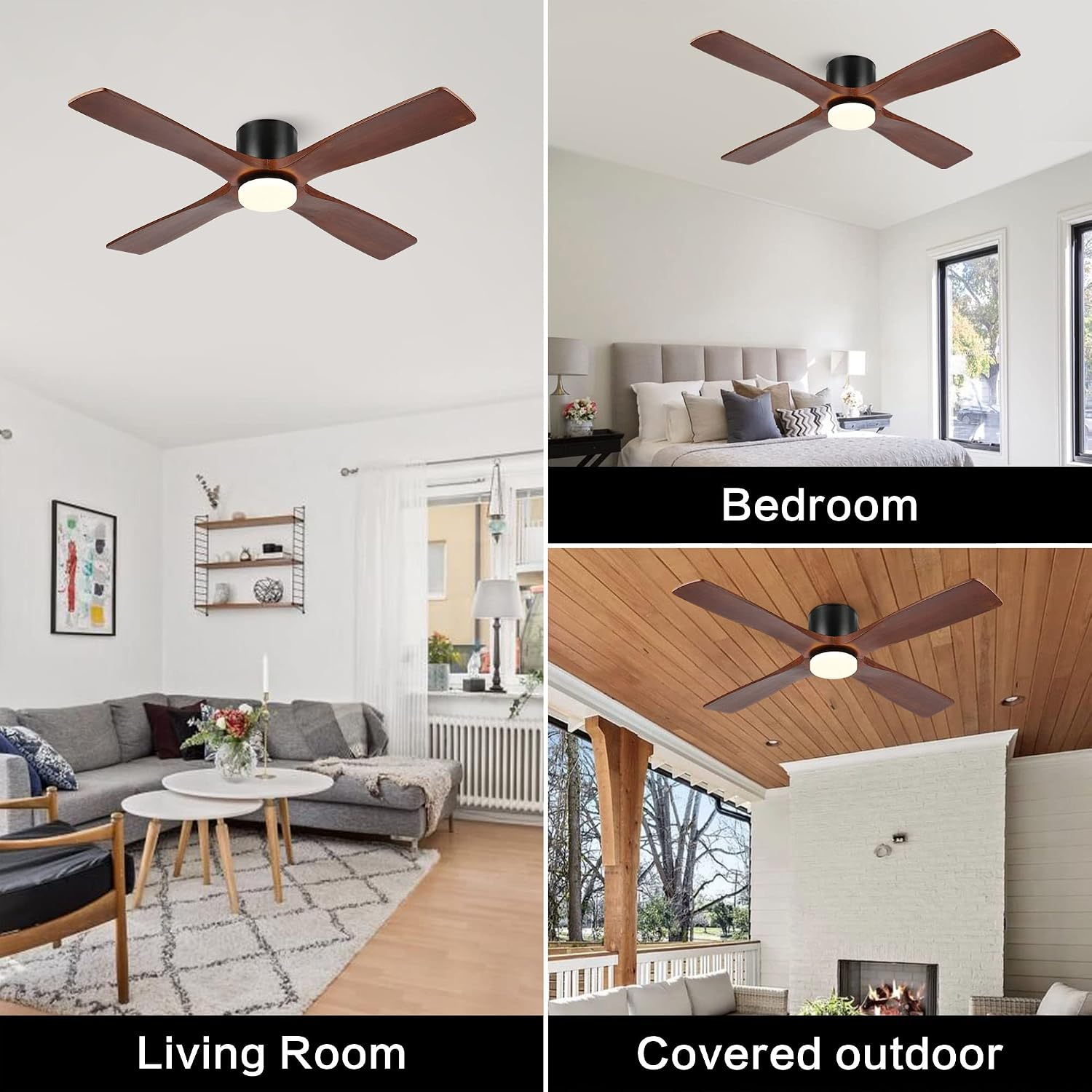 WINGBO 48 Inch Flush Mount DC Ceiling Fan with Lights and Remote, 4 Reversible Carved Wood Blades, 6-Speed Noiseless DC Motor, Hugger Ceiling Fan in Matte Black Finish with Walnut Blades