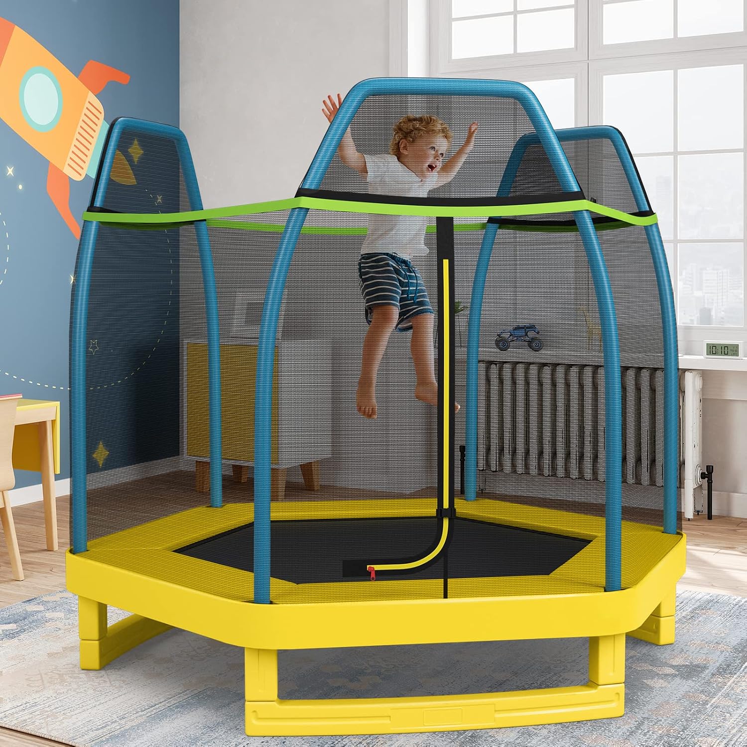 GYMAX Trampoline for Kids, 7FT Toddler Trampoline with Safety Enclosure Net & Seamless Spring Pad, Heavy Duty Small Indoor/Outdoor Trampoline for Boys, Girls Age 3+