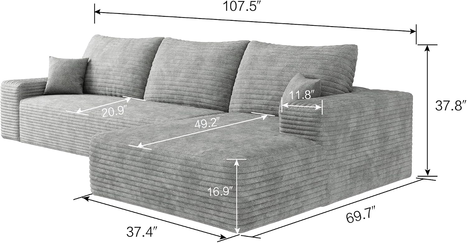 Eafurn Oversized L Shape Modular Sectional Sofa with Right Facing Chaise Lounge,Wide Deep Seat Compressed Corner Couch,Minimalist Corduroy Upholstered Boneless Lounge Sofa Couch