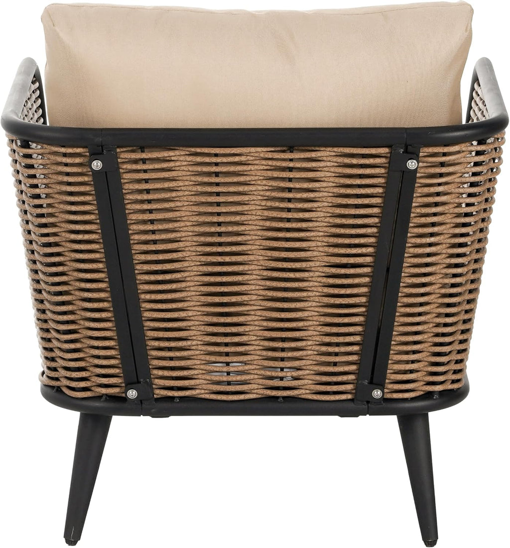 Christopher Knight Home Xayah Patio Wicker Accent Chair Set of 2, Outdoor Lounge Chair with Water-Resistant Cushion, Woven Faux Rattan Backrest & Armrest, Sturdy Metal Frame Armchair, Brown + Khaki