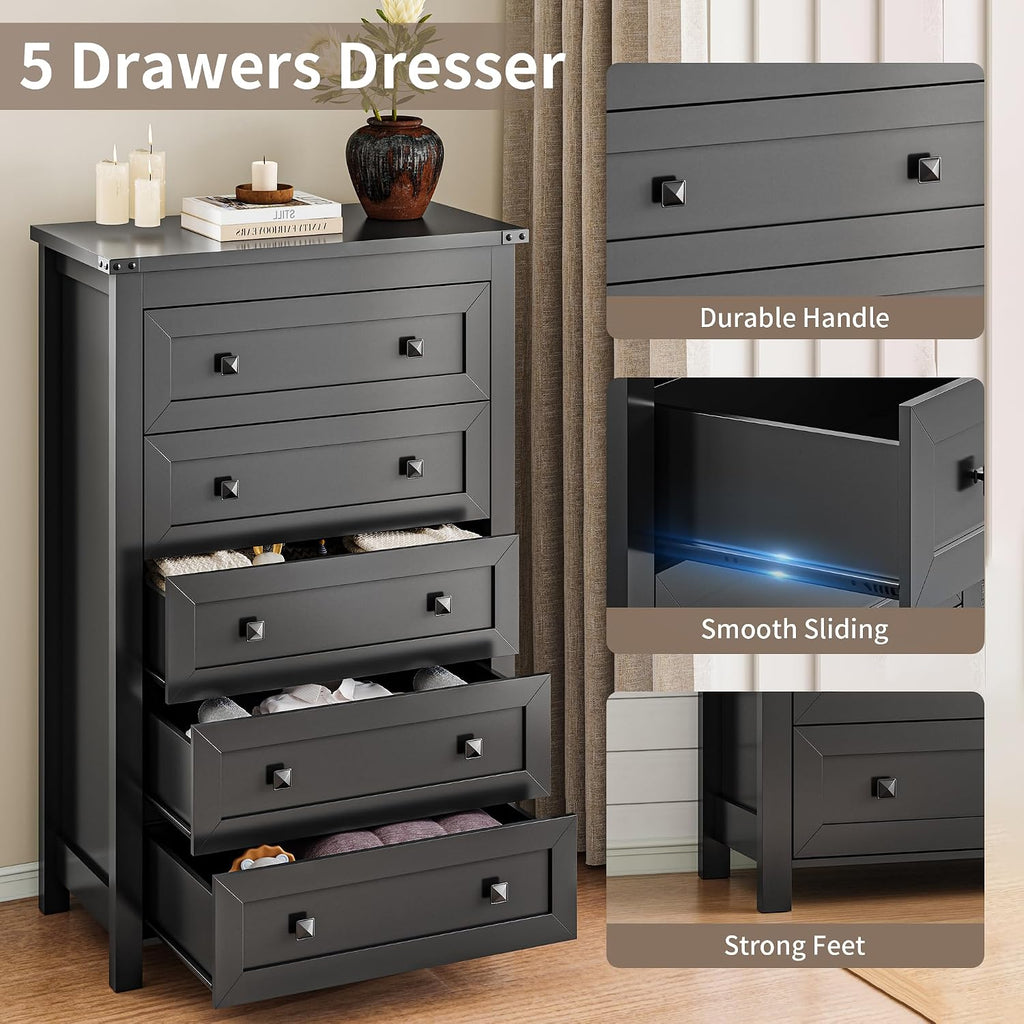 Xixini Dresser for Bedroom with 5 Drawers, Tall Wood Chest of Drawers, Modern Farmhouse Closet Clothes Organizer, Storage Tower Cabinet with Metal Handles for Hallway, Living Room, Entryway, Black
