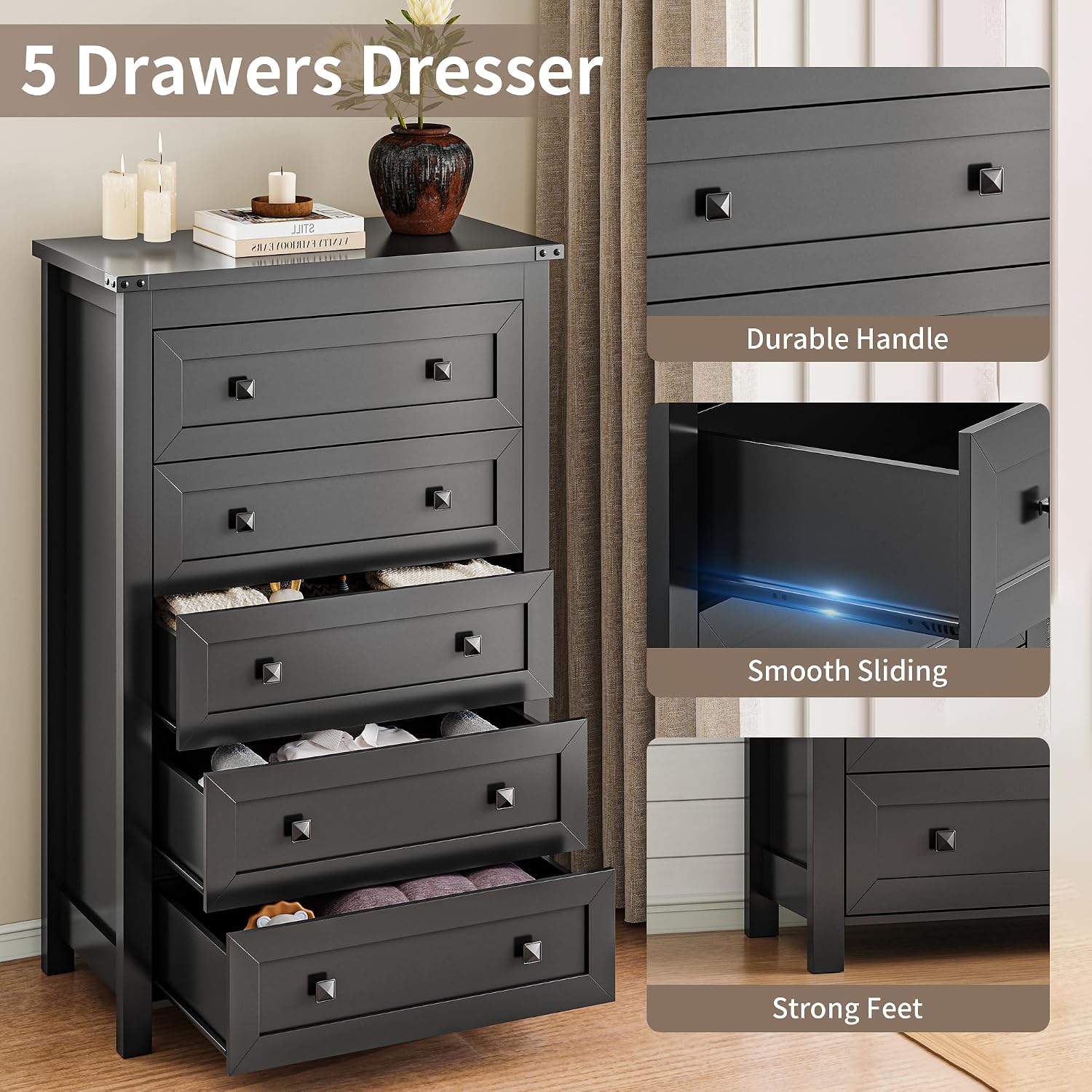 Xixini Dresser for Bedroom with 5 Drawers, Tall Wood Chest of Drawers, Modern Farmhouse Closet Clothes Organizer, Storage Tower Cabinet with Metal Handles for Hallway, Living Room, Entryway, Black