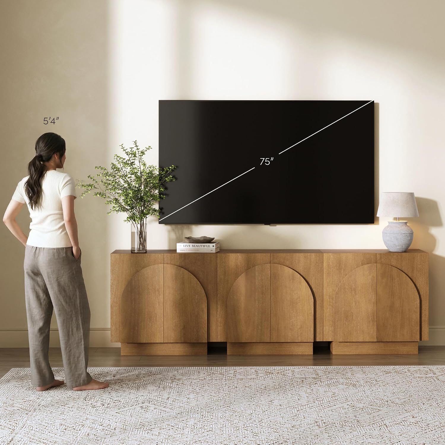 Nathan James Iris Mid-Century Modern Credenza, Light Brown TV Stand, Living Room Wood Storage Cabinet with Arched Cabinet Doors, White Oak, Set of 3