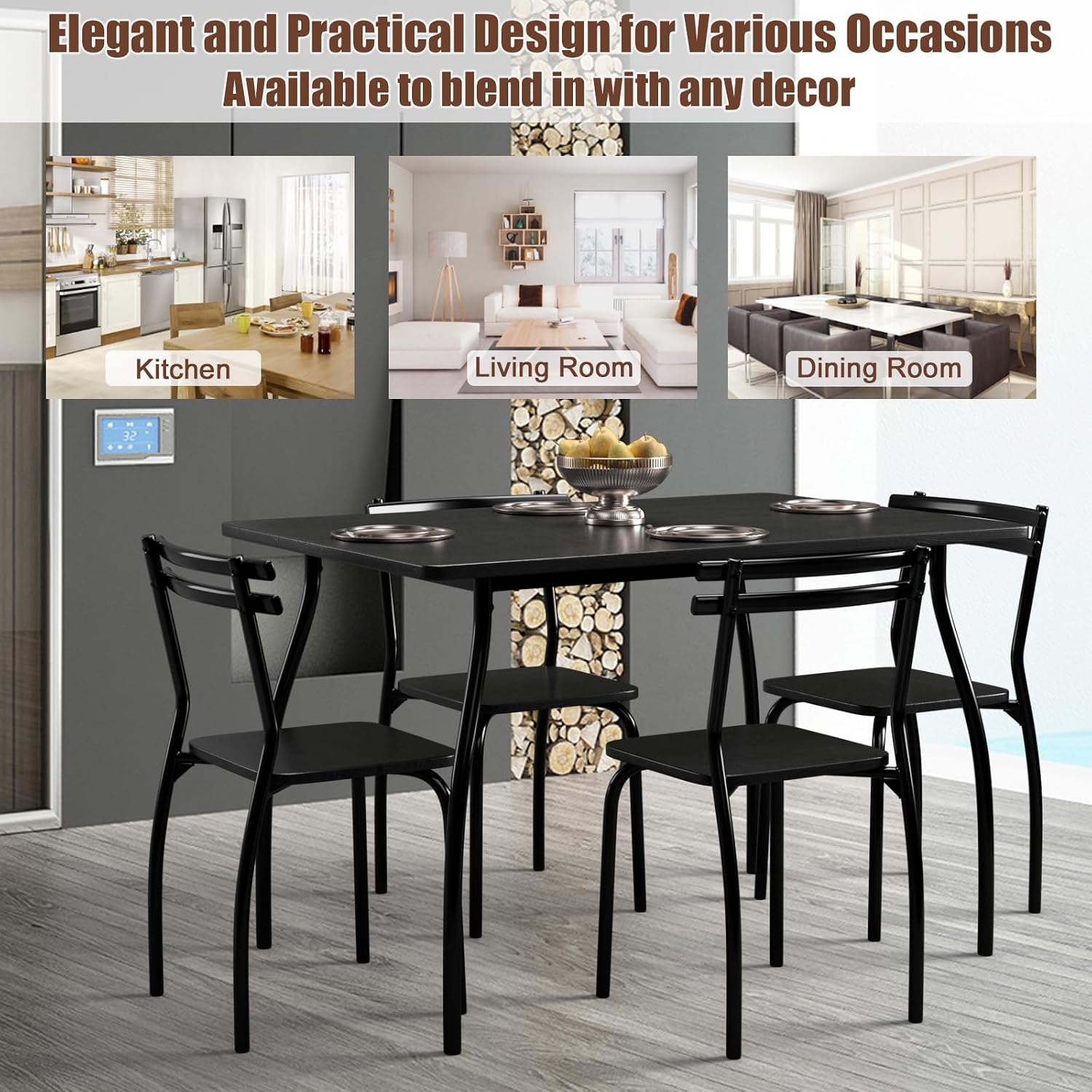 COSTWAY 5-Piece Dining Set Table and 4 Chairs Home Kitchen Room Breakfast Furniture Black