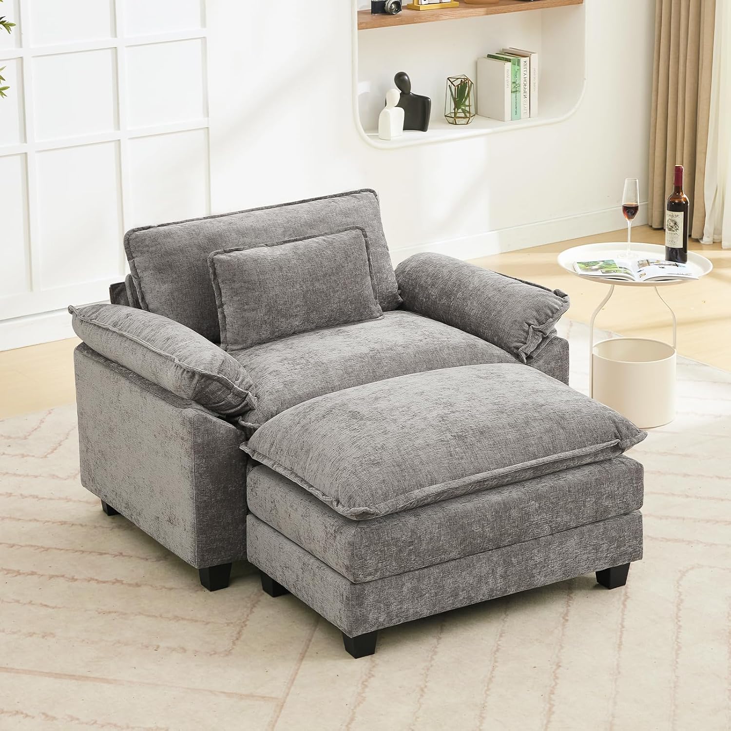 Oprisen 53' Modular Sectional Sofa, Comfy Cloud Couch Sectional Sofa with Ottoman, Chenille Sofa Sleeper Deep Seat Sofa with Throw Pillows for Living Room (Light Gray)