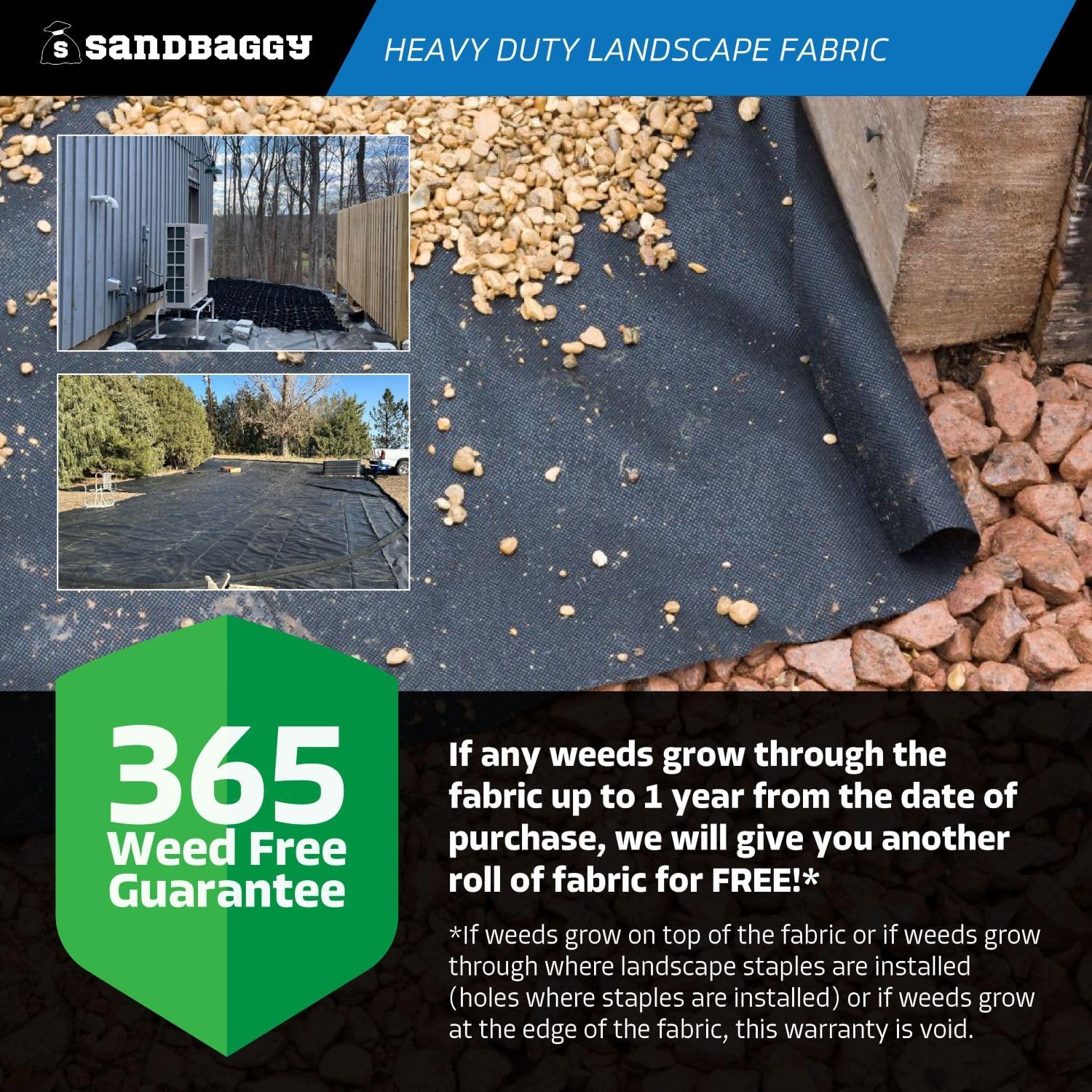 Sandbaggy 6 ft Heavy Duty Landscape Fabric | 50 Year Fabric | 6 oz Extra Thick Weed Barrier & Ground Cover for Rock & Gravel Landscaping | UV Resistant | 365 Weed Free Guarantee (1, 6 ft x 150 ft)