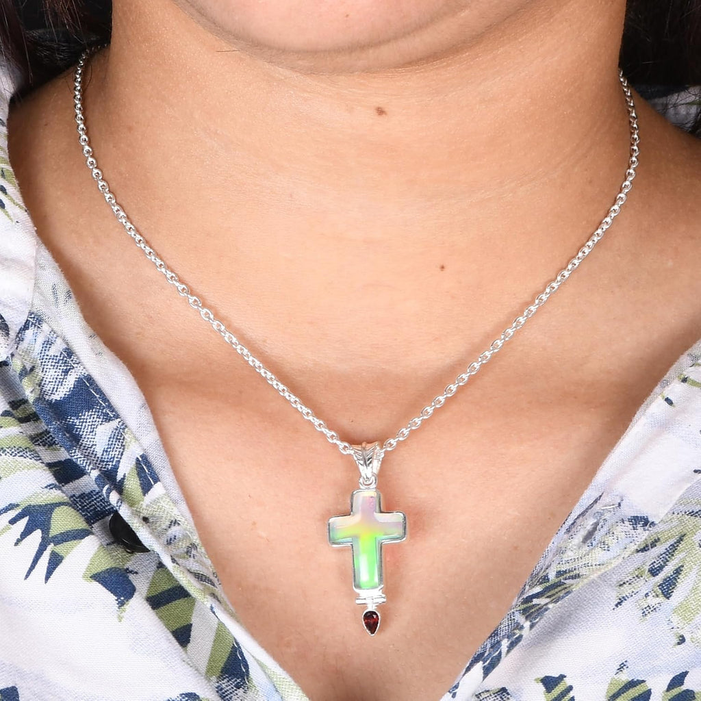 925 Sterling Silver with Doublet Aurora Opal Sky with Garnet Iridescent Opalite Cross Pendant Necklace for Women | Ornate Border | Dainty Cable Chain | Christian Religious Jewelry Gift