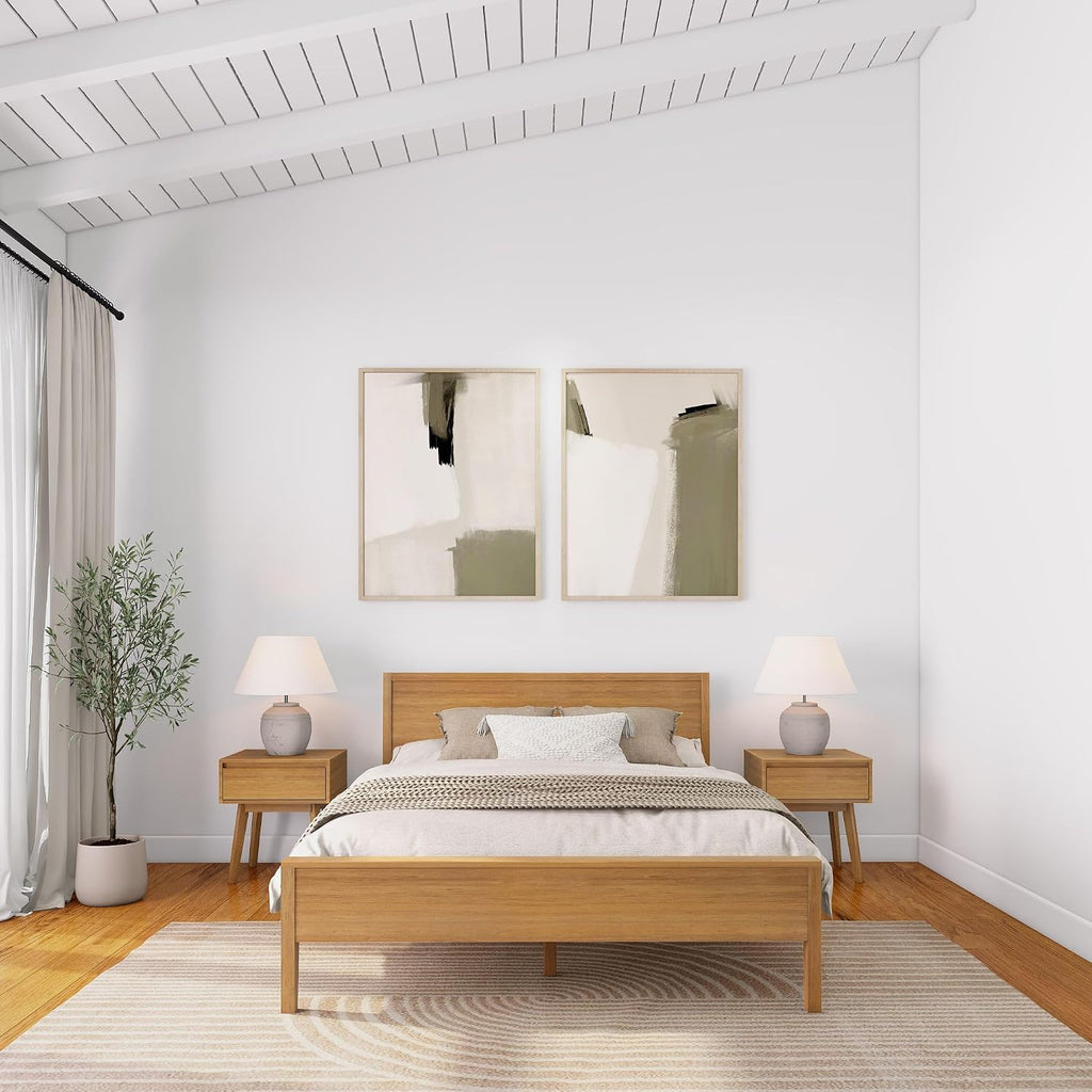 Plank+Beam Solid Wood Queen Bed Frame with Panel Headboard, Modern Queen Platform Bed with Wood Slat Support, No Box Spring Needed, Pecan