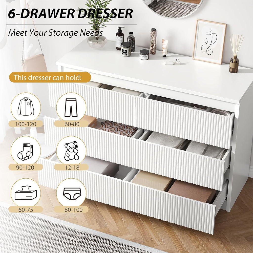 Jocoevol 6 Drawer Fluted Dresser, Modern Chest of Drawers for Bedroom with Hidden Handles, Wood Storage Organizer Cabinet for Living Room & Entryway, White (15.7' D x 47.3' W x 31.6' H)