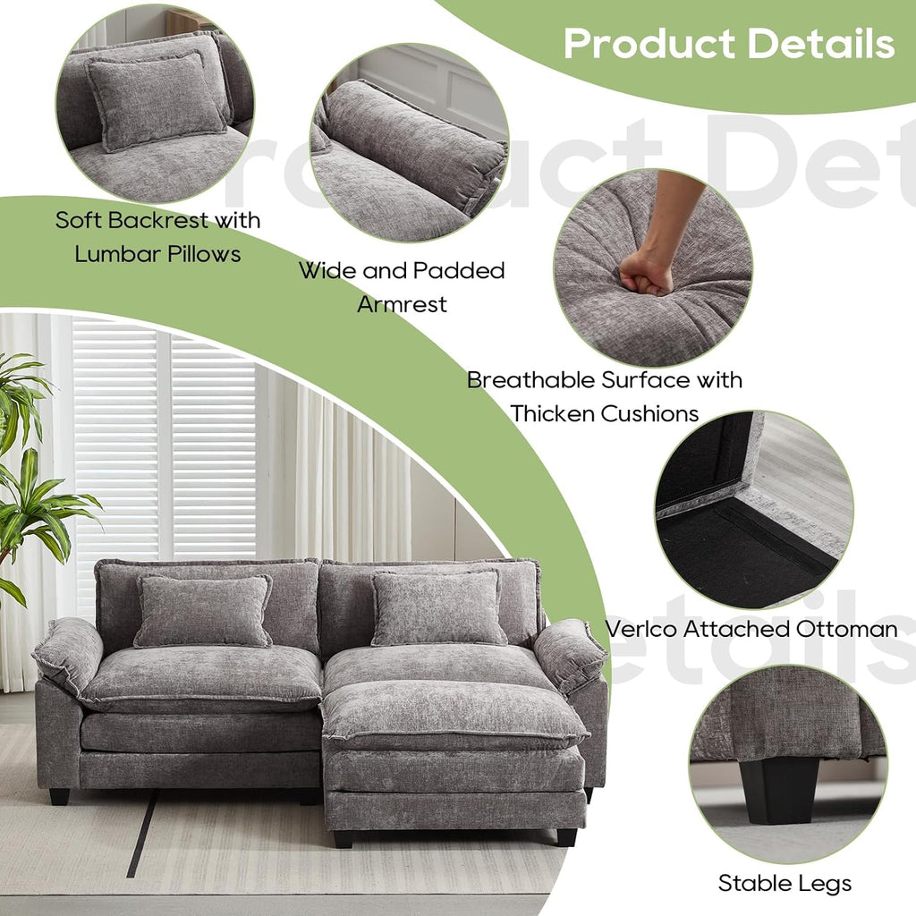 Oprisen 86' Modular Sectional Sofa, Comfy Cloud Couch Sectional Sofa with Ottoman, Chenille Sofa Sleeper Deep Seat Sofa with Throw Pillows for Living Room (Light Gray, 86'- L Shape)