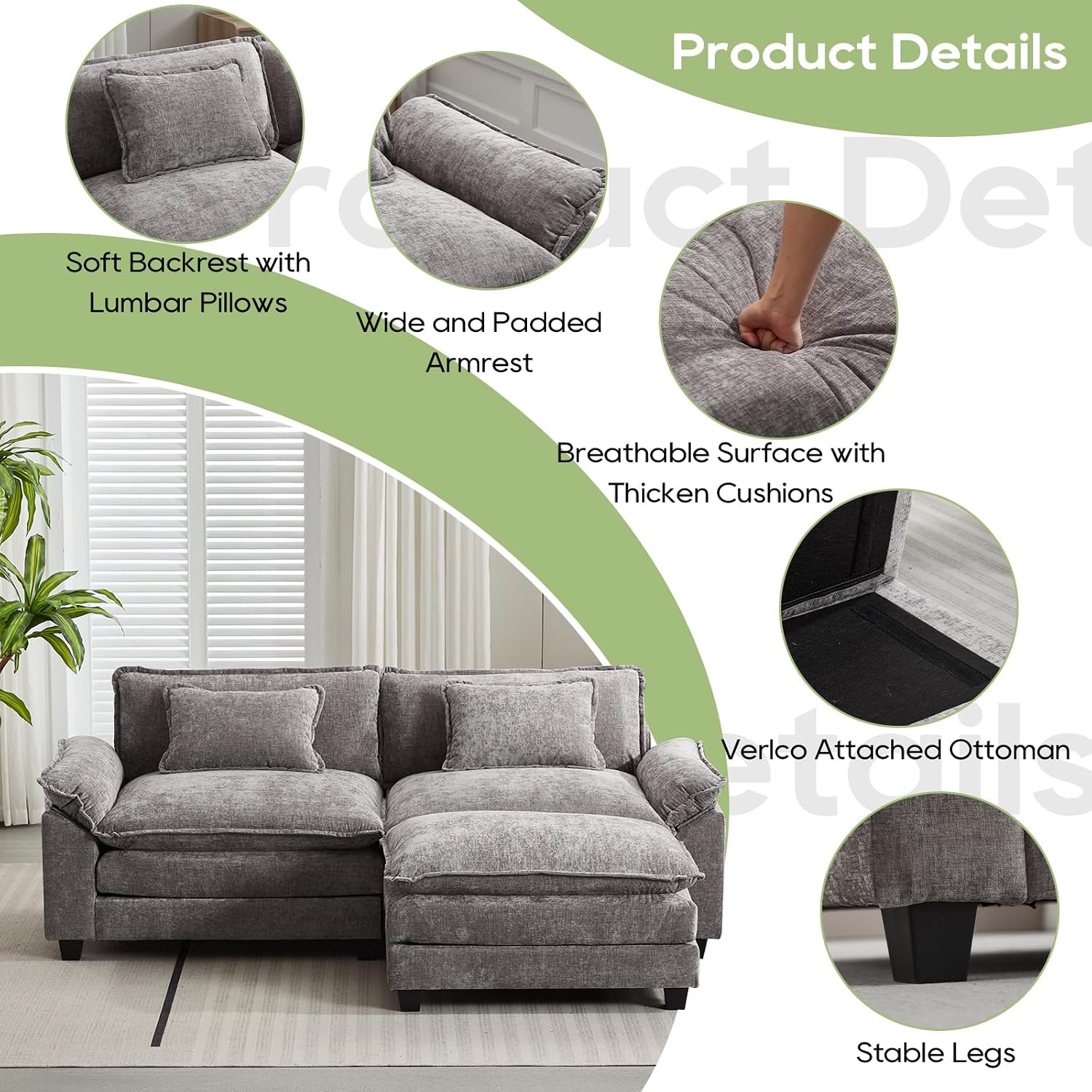 Oprisen 86' Modular Sectional Sofa, Comfy Cloud Couch Sectional Sofa with Ottoman, Chenille Sofa Sleeper Deep Seat Sofa with Throw Pillows for Living Room (Light Gray, 86'- L Shape)