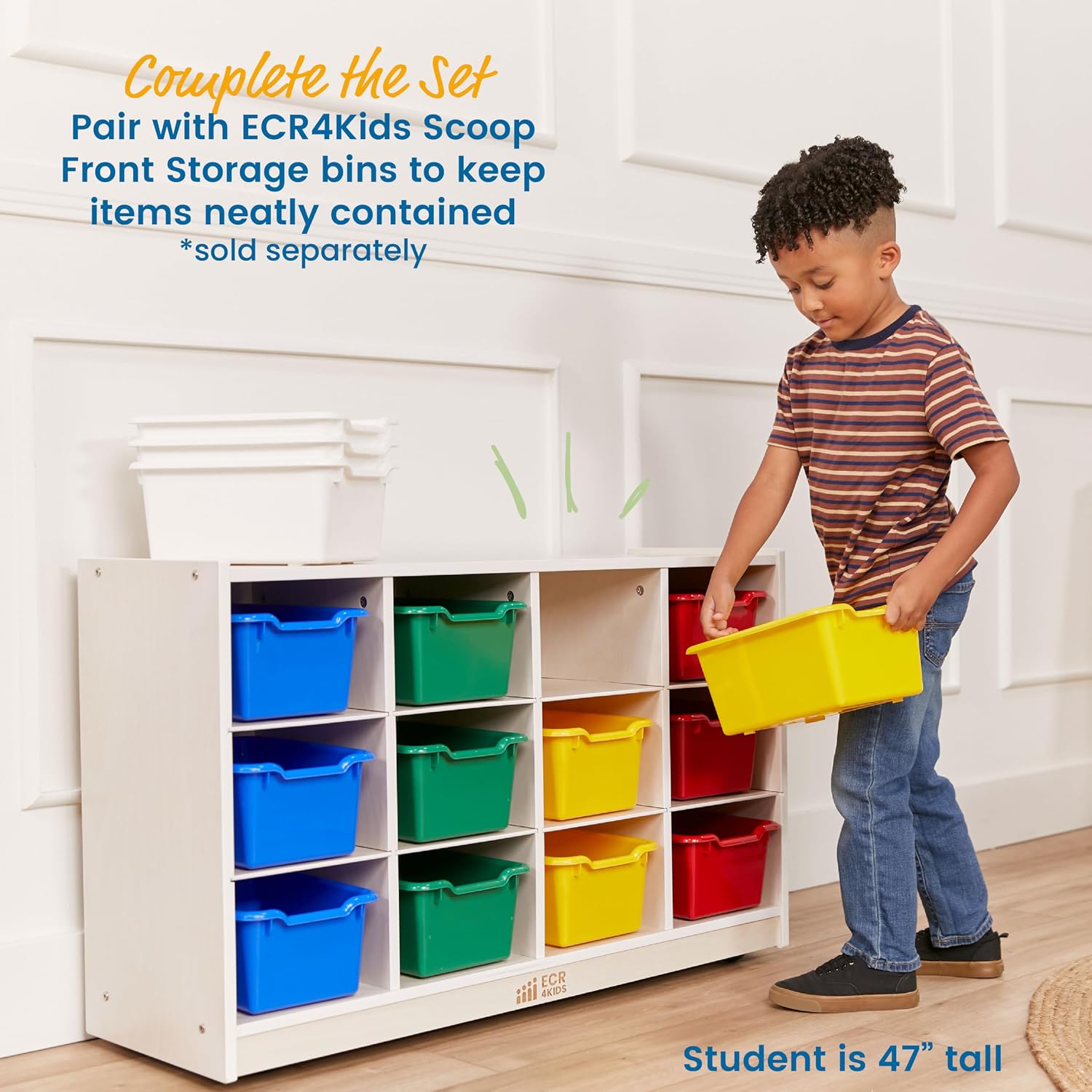 ECR4Kids 12 Cubby Mobile Tray Storage Cabinet, 3x4, Classroom Furniture, White Wash