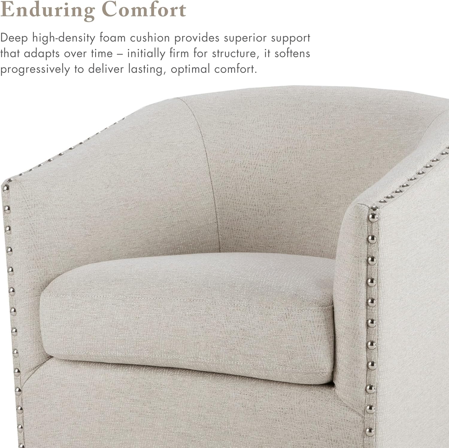 Madison Park Swivel Barrel Accent Chair, Upholstered Curved Back with 7-Inch Thick Woven Cushion, 360° Swivel, Nailhead Trim, Comfy Chair for Living Room, Bedroom, Office, 28' Wide, Neutral, Tyler