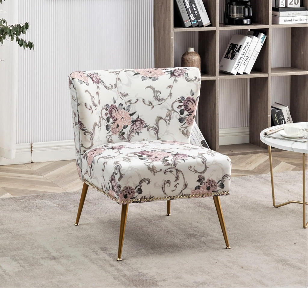 Container Furniture Direct Thia Armless Accent Chair for Living Room, Elegant Seat with Nailhead Trim, Gold Metal Legs and Comfortable Curved Back, 28' D x 25' W x 29.5' H, 02 Floral Print