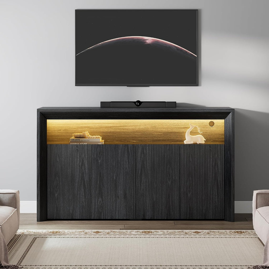 66.2' Buffet Cabinet with Storage and led Lights,Modern Sideboard Cabinet with 4 Doors & Shelves,Fluted Media Console Mid Century Coffee Bar Table for Living Room Kitchen Dining Room Hallway,Dark Grey