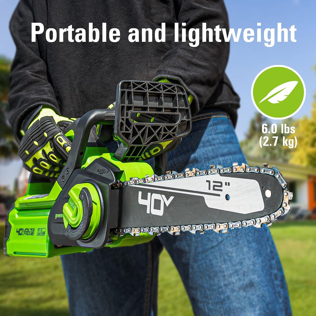 Greenworks 40V 12' Cordless Compact Chainsaw (Great For Storm Clean-Up, Pruning, and Camping), Tool Only