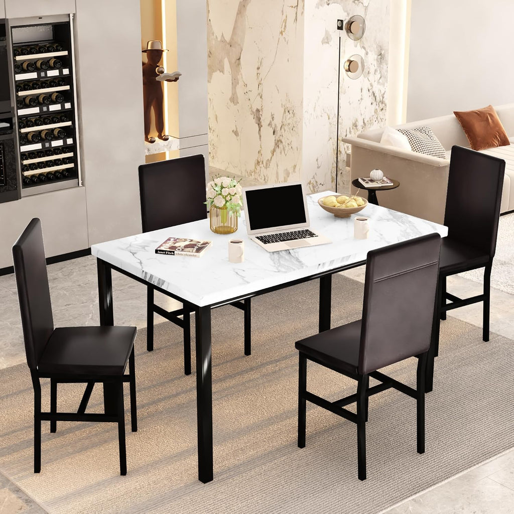 DKLGG Dining Table Set for 4, Modern Kitchen & Dining Room Sets Faux Marble Table with 4 Leather Chairs for Small Space, Home Kitchen, Apartment, White