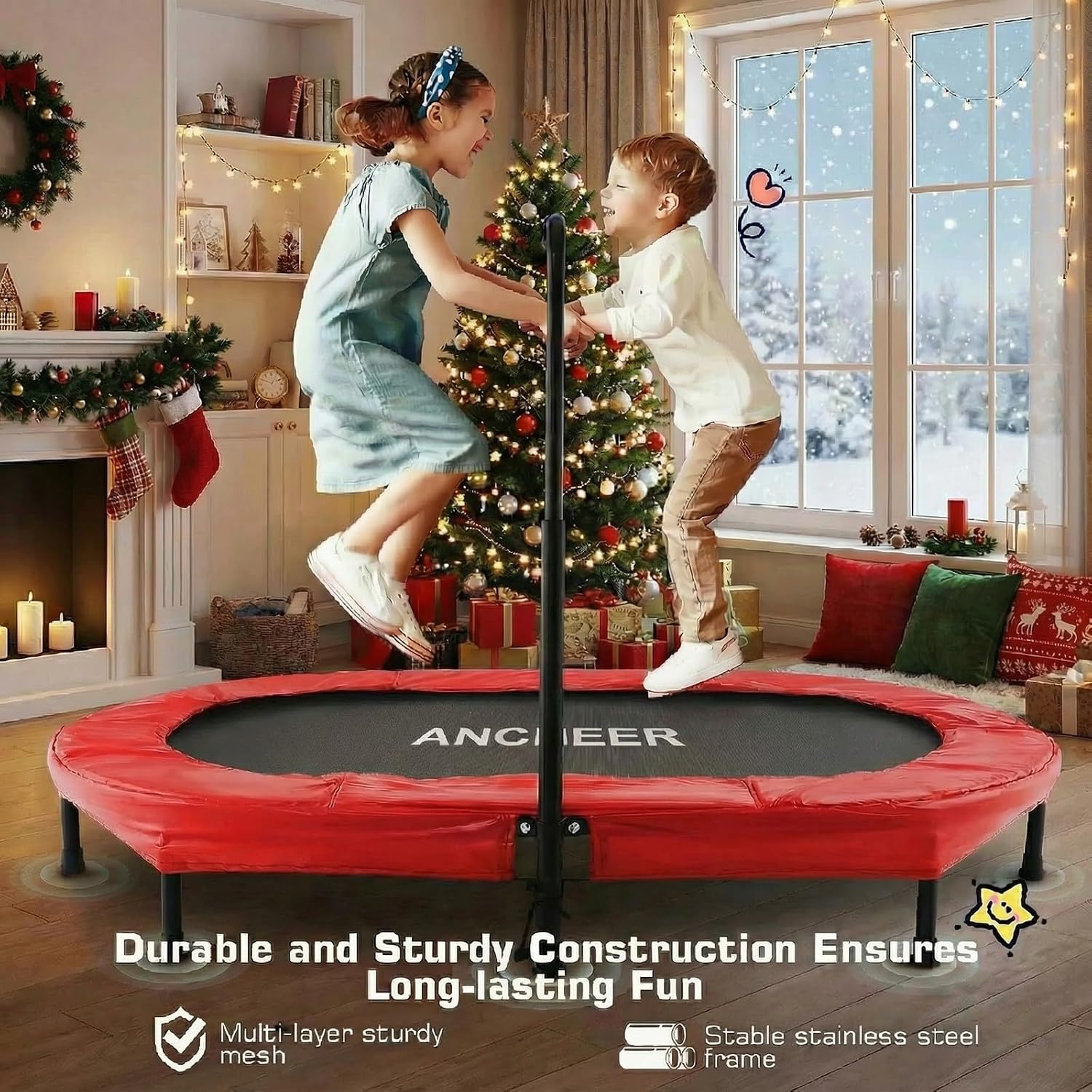 ANCHEER Trampoline for Kids, Toddler Trampoline Indoor Sports and Outdoor Games 56' Kids Rebounder 220LBS Capacity with Adjustable Safety Handrail Foldable Jumper for Boys and Girls