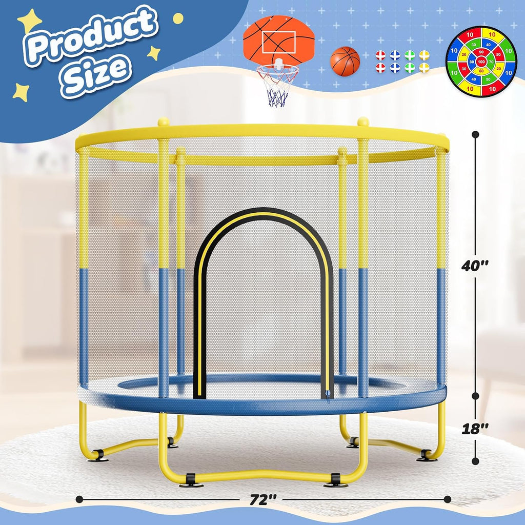 6FT Indoor Trampoline for Kids Ages 1-8, 72' Mini Toddler Indoor & Outdoor Trampoline with Safety Enclosure Net, Basketball Hoop & Dart Board, Birthday Gifts for Boys & Girls, Baby Toddler